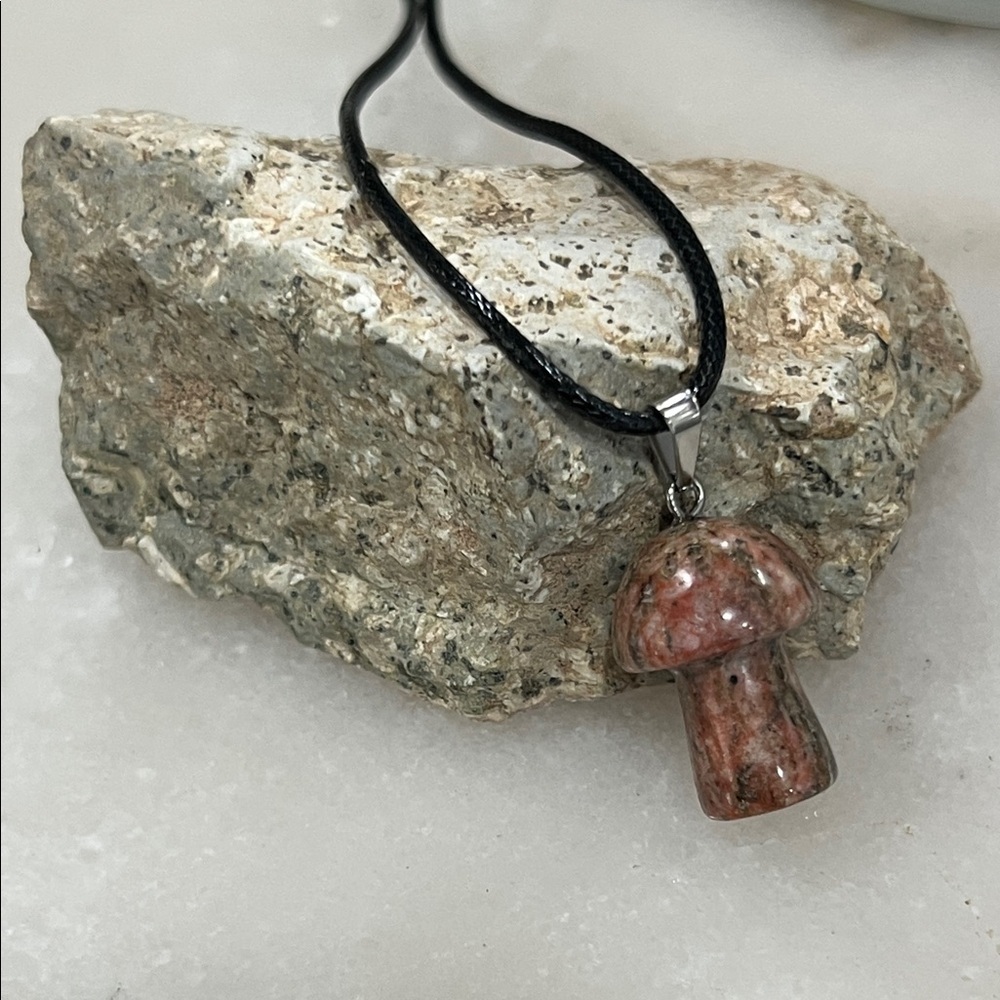 Carved Stone Rhodonite Mushroom Pendant Necklace